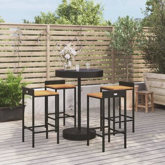 5-delige Tuinbarset poly rattan en massief acaciahout zwart 1