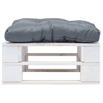 Tuinpoef met grijs kussen pallet hout wit 2