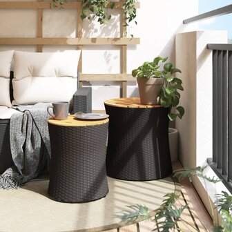 Tuinbijzettafels 2 st met houten blad poly rattan zwart 3