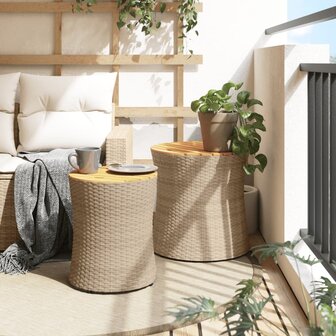 Tuinbijzettafels 2 st met houten blad poly rattan beige 3