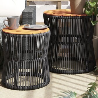 Tuinbijzettafels 2 st met houten blad poly rattan zwart 1