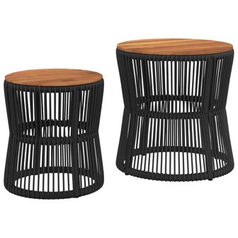 Tuinbijzettafels 2 st met houten blad poly rattan zwart 2