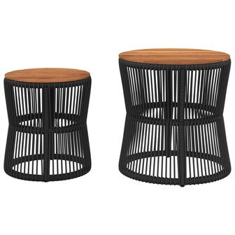 Tuinbijzettafels 2 st met houten blad poly rattan zwart 4