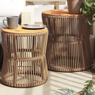 Tuinbijzettafels 2 st met houten blad poly rattan beige 1