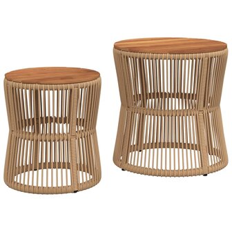 Tuinbijzettafels 2 st met houten blad poly rattan beige 2
