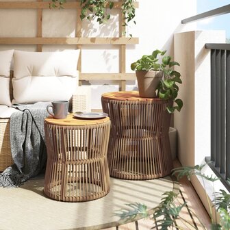 Tuinbijzettafels 2 st met houten blad poly rattan beige 3