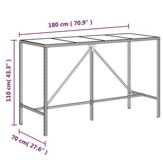 Bartafel met glazen blad 180x70x110 cm poly rattan grijs 6