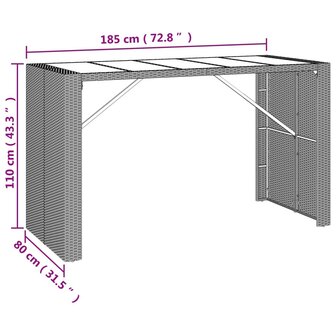 Bartafel met glazen blad 185x80x110 cm poly rattan grijs 6