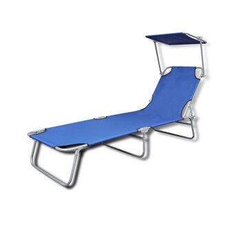 Ligbed inklapbaar met luifel staal en stof blauw 2