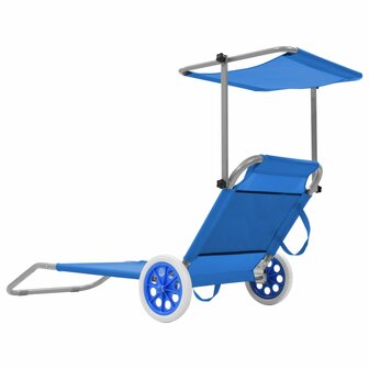 Ligbed met luifel en wieltjes inklapbaar staal blauw 3