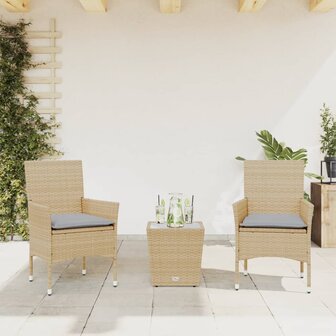 3-delige Bistroset met kussens poly rattan en glas beige 1