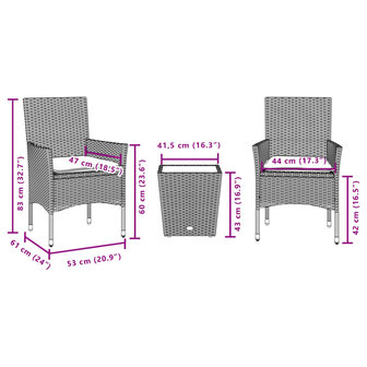 3-delige Bistroset met kussens poly rattan en glas beige 7