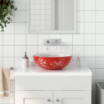 Opzetwasbak rond &Phi;41x14 cm keramiek wit en rood 1