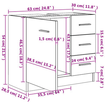 Wastafelkast 63x30x54 cm bewerkt hout gerookt eikenkleurig 9