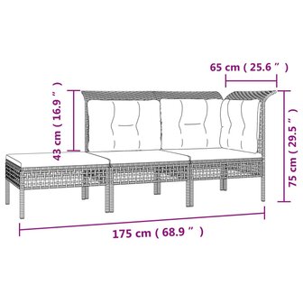 3-delige Loungeset met kussens poly rattan grijs 8