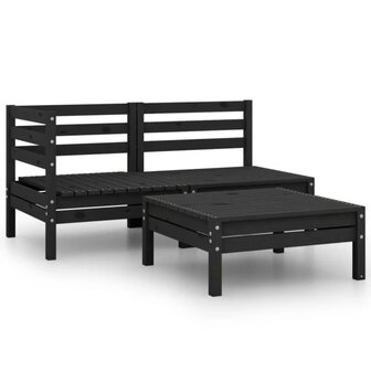 3-delige Loungeset massief grenenhout zwart 1