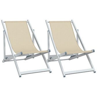 Strandstoelen inklapbaar 2 st aluminium en textileen cr&egrave;mekleur 2