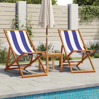 Strandstoel inklapbaar eucalyptushout en stof blauw en wit 3