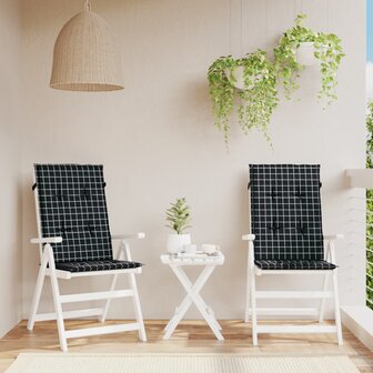 Stoelkussens 2 st hoge rug ruitpatroon stof zwart 1