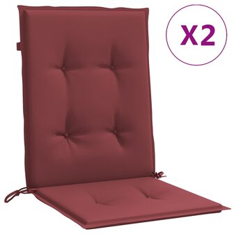 Stoelkussens 2 st lage rug 100x50x4 cm stof gem&ecirc;leerd wijnrood 2