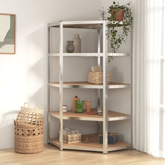 Hoekrek robuust 5-laags staal en bewerkt hout zilverkleurig 1