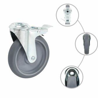 Zwenkwielen met boutgaten en dubbele remmen 4 st 125 mm 2