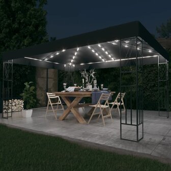 Prieel met LED-lichtslinger 3x4 m stof antracietkleurig 1