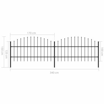 Tuinhek met speren bovenkant (0,75-1)x3,4 m staal zwart 5