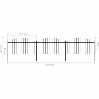 Tuinhek met speren bovenkant (1,25-1,5)x5,1 m staal zwart 5
