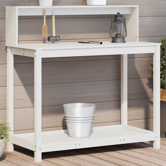 Oppottafel met schappen 108x50x109,5 cm massief grenenhout wit 1