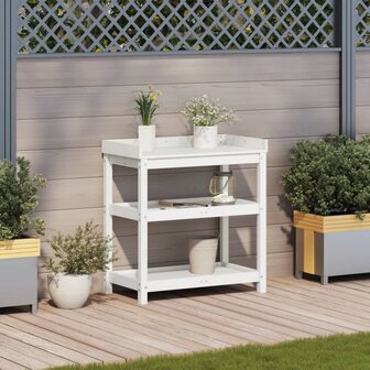 Oppottafel met schappen 82,5x45x86,5 cm massief grenenhout wit 3