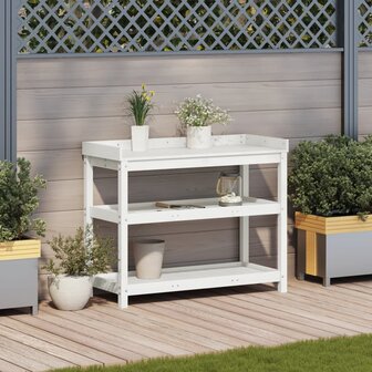 Oppottafel met schappen 108x45x86,5 cm massief grenenhout wit 3