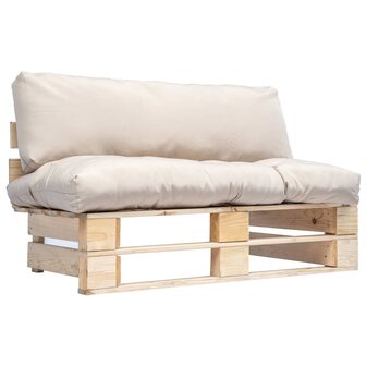 Tuinbank pallet met zandkleurige kussens grenenhout 1