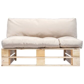 Tuinbank pallet met zandkleurige kussens grenenhout 2