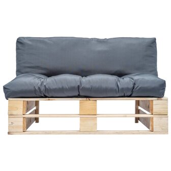 Tuinbank pallet met grijze kussens grenenhout 2