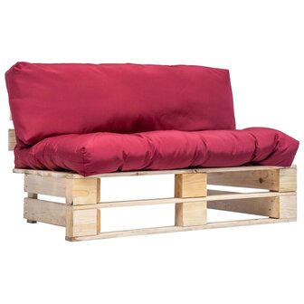 Tuinbank pallet met rode kussens grenenhout 1