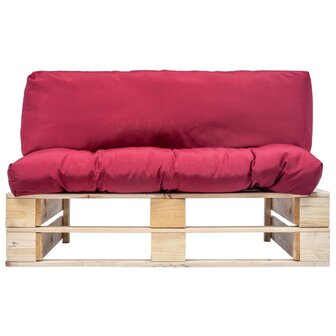 Tuinbank pallet met rode kussens grenenhout 2