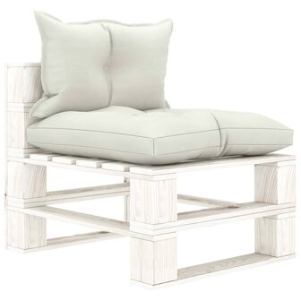 Tuinmiddenbank met beige kussens pallet hout 1