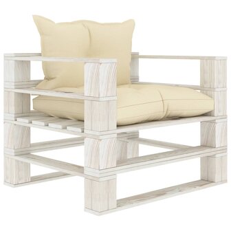 Tuinbank met cr&egrave;mekleurige kussens pallet hout 1
