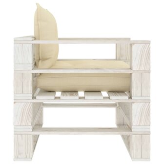 Tuinbank met cr&egrave;mekleurige kussens pallet hout 3