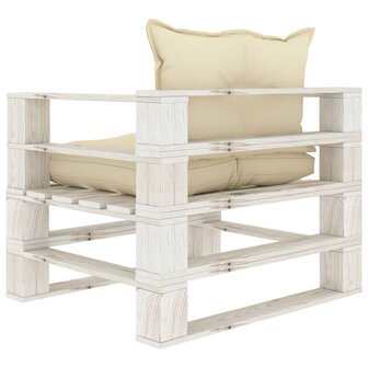 Tuinbank met cr&egrave;mekleurige kussens pallet hout 4