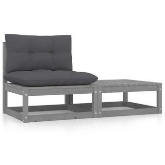 2-delige Loungeset met kussens massief grenenhout grijs 1