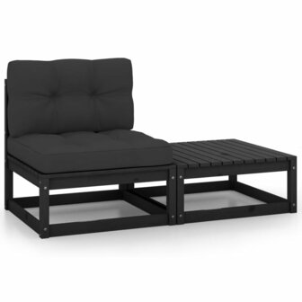 2-delige Loungeset met kussens massief grenenhout zwart 1