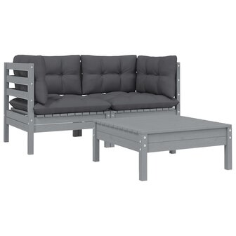 3-delige Loungeset met kussens massief grenenhout grijs 2