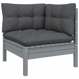 3-delige Loungeset met kussens massief grenenhout grijs 3