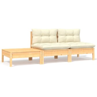 3-delige Loungeset met cr&egrave;mekleurige kussens massief grenenhout 1