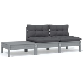 3-delige Loungeset met kussens massief grenenhout grijs 1