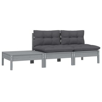 3-delige Loungeset met kussens massief grenenhout grijs 2