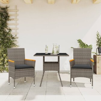 3-delige Tuinset met kussens poly rattan en glas grijs 1