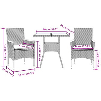 3-delige Tuinset met kussens poly rattan en glas grijs 7